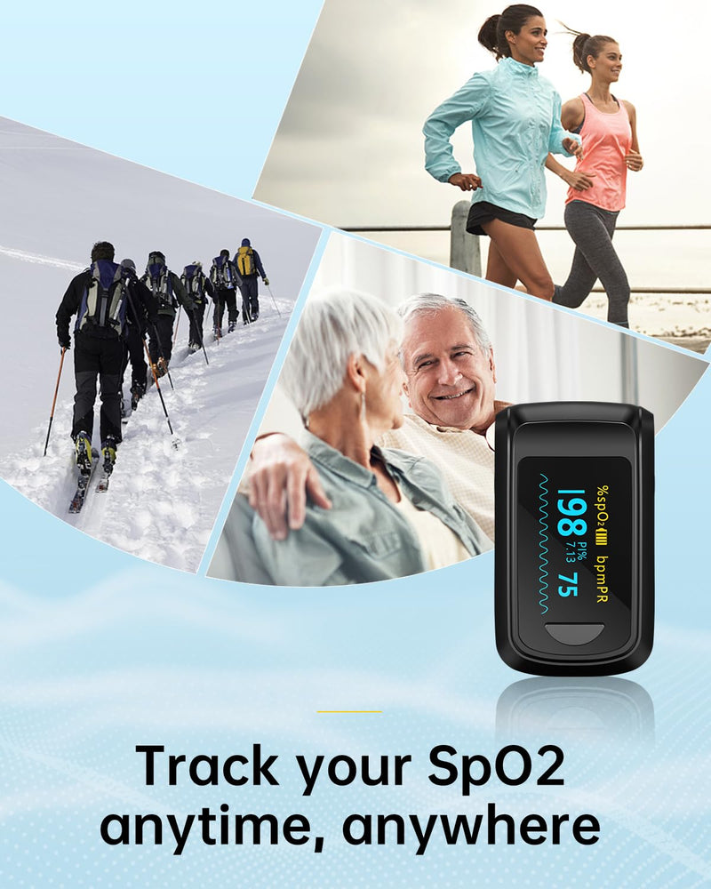Fingertip Pulse Oximeter Blood Oxygen Monitor Pulse Ox, Heart Rate and Fast Spo2 Reading Oxygen Meter with OLED Screen Included Batteries and Lanyard black