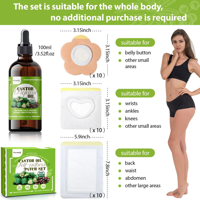 [Australia] - 30 Pcs Castor Oil Patches with Castor Oil Organic Cold Pressed Unrefined Glass Bottle(3.5oz),Cotton Caster Oil Pack Wrap for Waist Back Neck Arm Belly,Self-Adhesive Disposable for Convenient Use Daily Use Set 