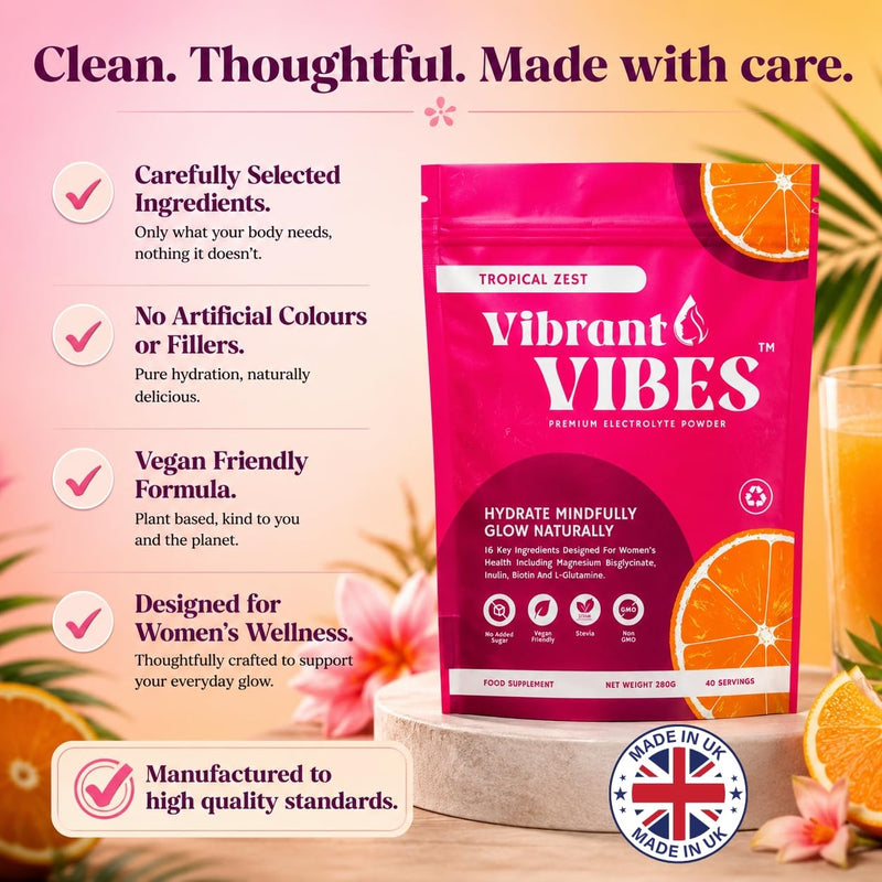 Vibrant Vibes Women’s Electrolyte Powder – Clean Daily Hydration | Zero Sugar, Magnesium, B & C Vitamins | Vegan Electrolytes | 280g Pouch – 40 Servings, Tropical Zest Flavour.