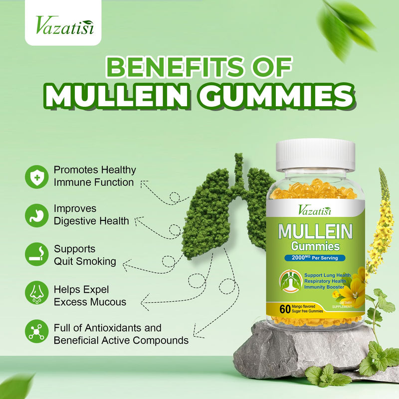 [Australia] - Mullein Gummies, Mullein Leaf Extract with Bromelain, Quercetin, Pine Bark Support Lung Cleanse for Healthy Breathing, 120ct Mango 60 Count (Pack of 2) 