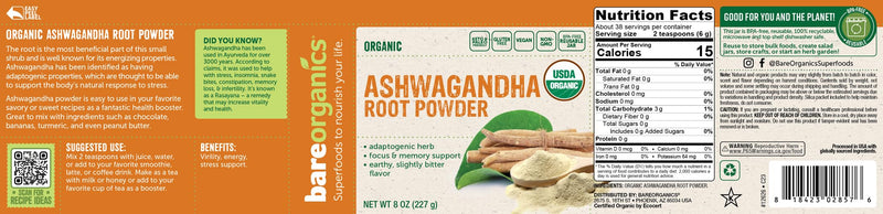 [Australia] - BareOrganics Ashwagandha Root Powder, 8 Oz 