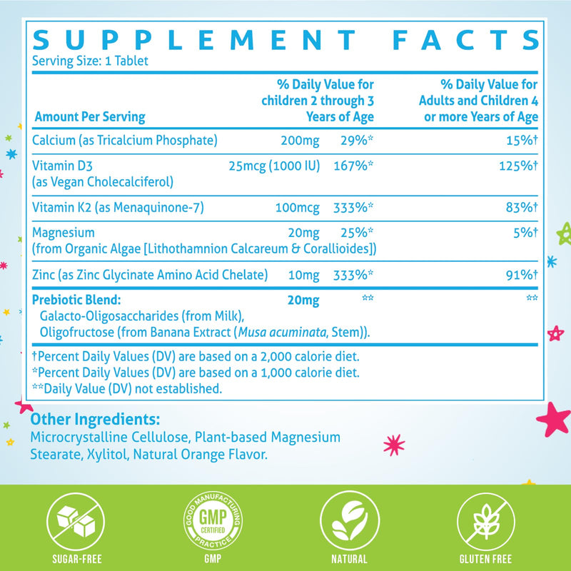 500 MG Calcium Supplement with Vitamin D3 & K2, Zinc, Magnesium & Prebiotics. Kids Vitamins for Kids' Height. Bone Strength, High Absorption, Orange Chewables, Gluten Free, 120 Tabs 60 Count (Pack of 2)
