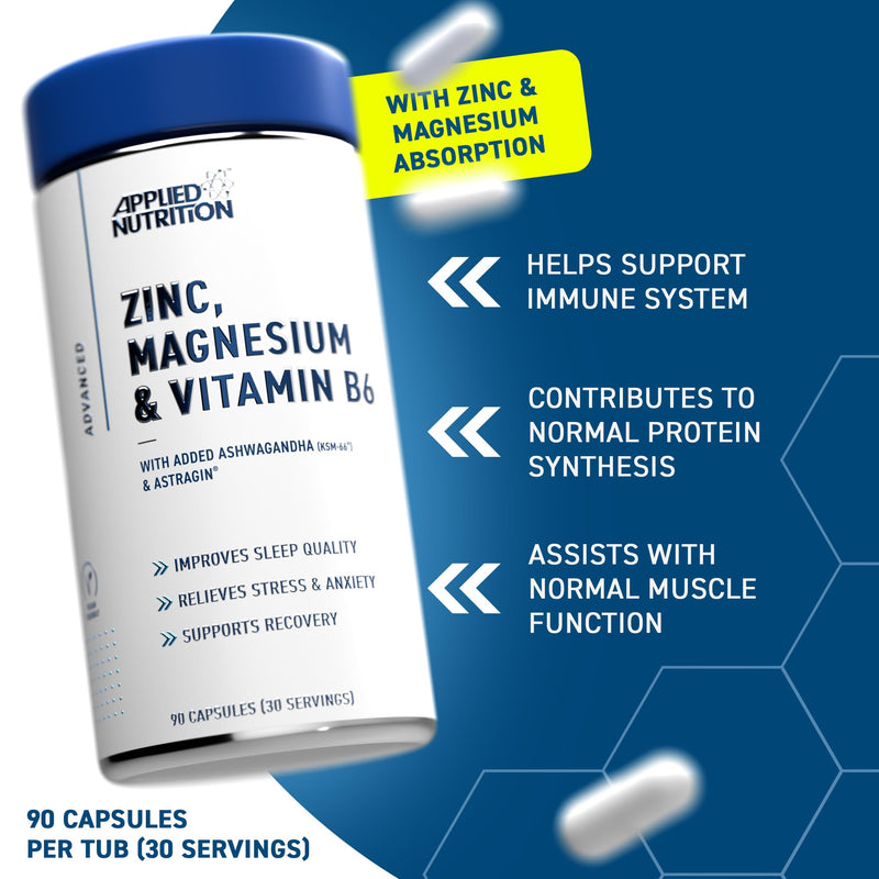 Applied Nutrition Zinc, Magnesium & Vitamin B6 with Ashwagandha Capsules - Natural Support for Hormonal Balance, Sleep Support & Stress Relief - 90 Capsules (30 Servings)