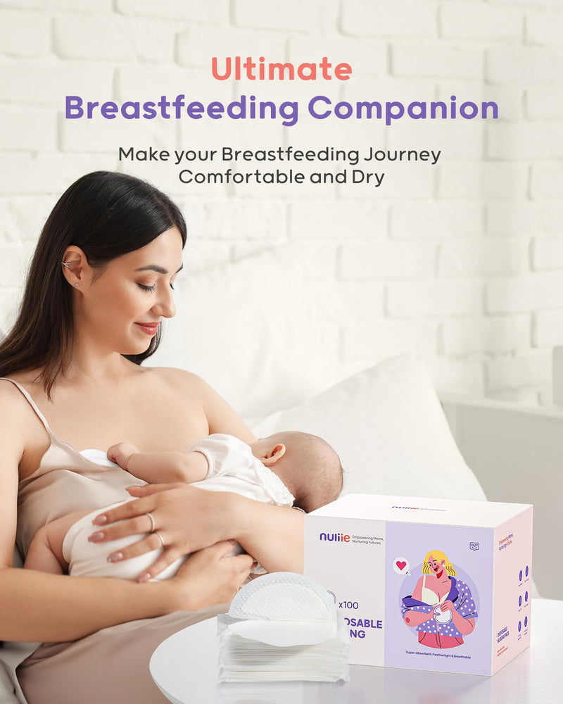 [Australia] - Nuliie Super Absorbent & Featherlight Disposable Nursing Pad, Stay Dry, Soft & Breathable Breast Pad for Leaking Milk, Leakproof, Individually Packaged Breastfeeding Essentials for Moms (100 Count) 100 Count 