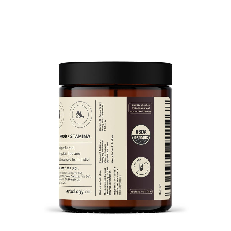 Erbology Organic Ashwagandha Powder 90g - 45 Servings - Sleep Aid - Rich in Withanolides - Sustainably Sourced Straight from Farm in India - Small Batch - Vegan - GMO-Free - Recyclable Glass Jar