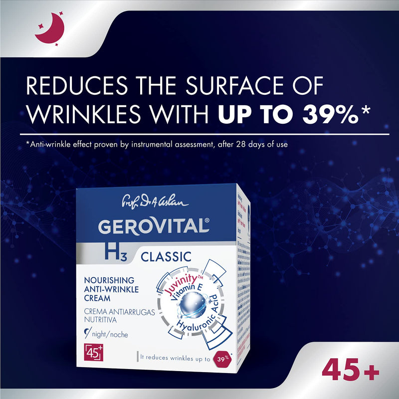 Gerovital CLASSIC Nourishing Anti-Wrinkle Night Face Cream with Hyaluronic Acid, Juvinity™ and Vitamin E, Regenerates and Hydrates the Skin, Anti-Aging Face Cream, 50 ml