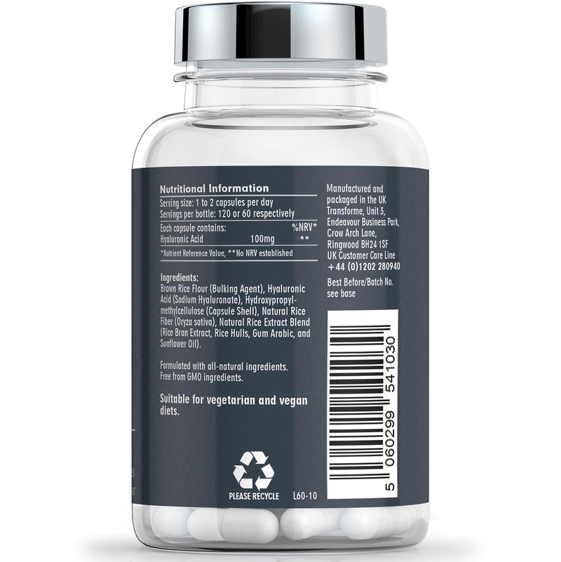 Transforme Hyaluronic Acid Capsules 100mg, 120 Count, Vegetarian, Vegan, All Natural Supplement, Gluten Free, 4 Month Supply