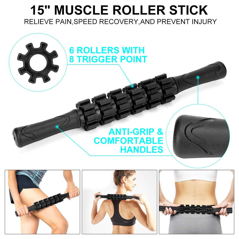 Foam Roller Set - High Density Back Roller, Muscle Roller Stick | Foot Fasciitis Ball, Stretching Strap, Massager Ball for Whole Body Physical Therapy & Exercise, Back Pain, Leg, Deep Tissue 12-inch Foam Roller
