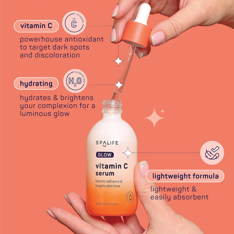 SpaLife Glow Vitamin C Serum for Face | Korean Brightening Face Serum for Dark Spots & Uneven Tone | Illuminating Skin Treatment | Lightweight Radiance Boosting Formula | 3.7 Fl. Oz GLOW Serum