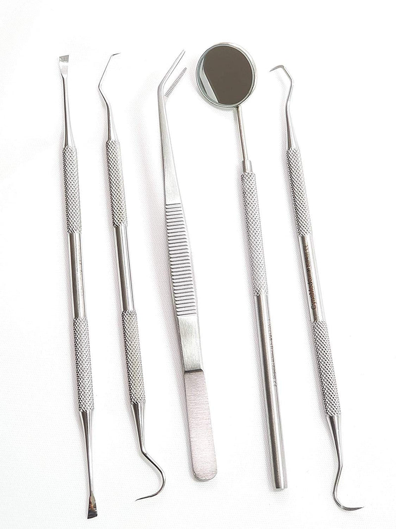 [Australia] - Dental Hygiene set of 5-Stainless Steel Tarter Scraper/Scaling Remover, Dental Toothpick, Mouth Mirror Scaler Tweezer For Calculus &Tartar Removal-Dentists Set is Ideal for Personal Use & Pet Friendly 