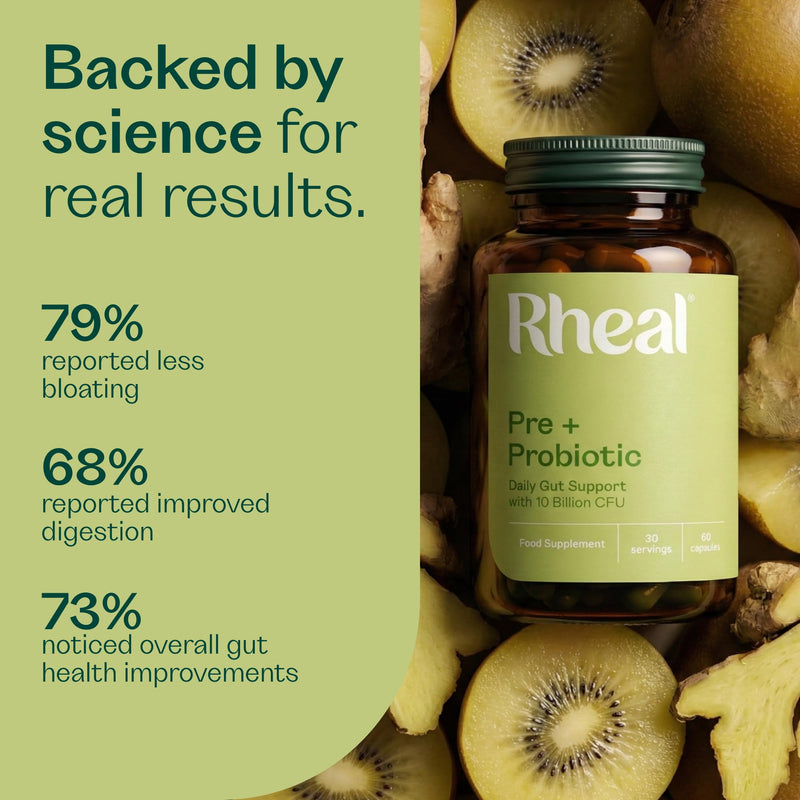 Rheal Pre + Probiotic Capsules – Gut Health Supplement with 10 Billion CFU, Lactospore® Probiotic & Prebiotic Fibre, Digestive Support for Bloating, Balance & Microbiome (30 Servings)