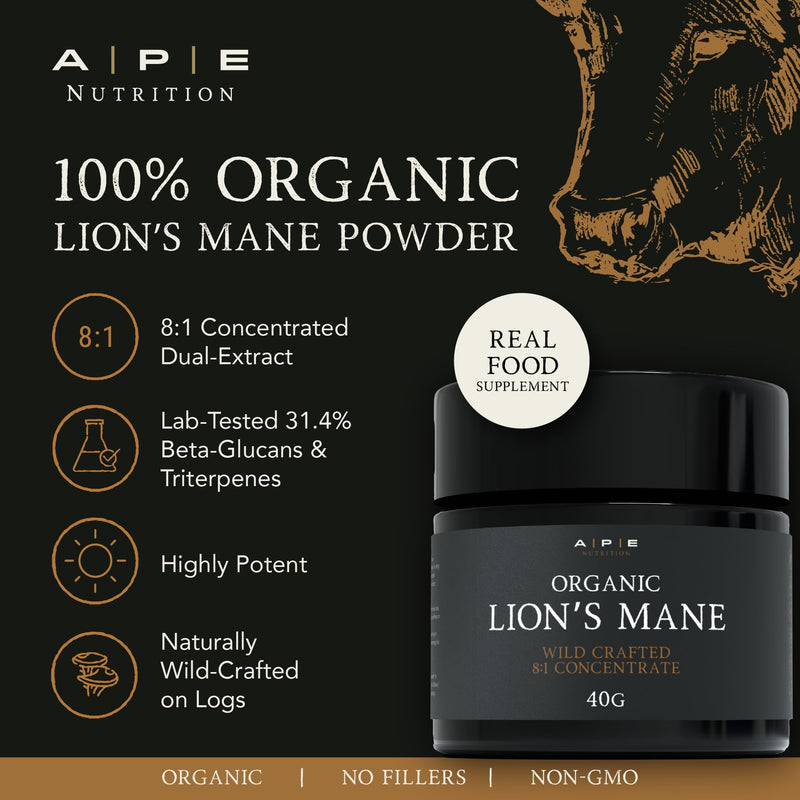 APE Nutrition Organic Lion’s Mane Mushroom Extract Powder - Certified Organic & Wild Crafted, Improves Memory & Focus, UK Supplements, Pure Concentrated Extract, 40G (40-80 Servings) Lion's Mane
