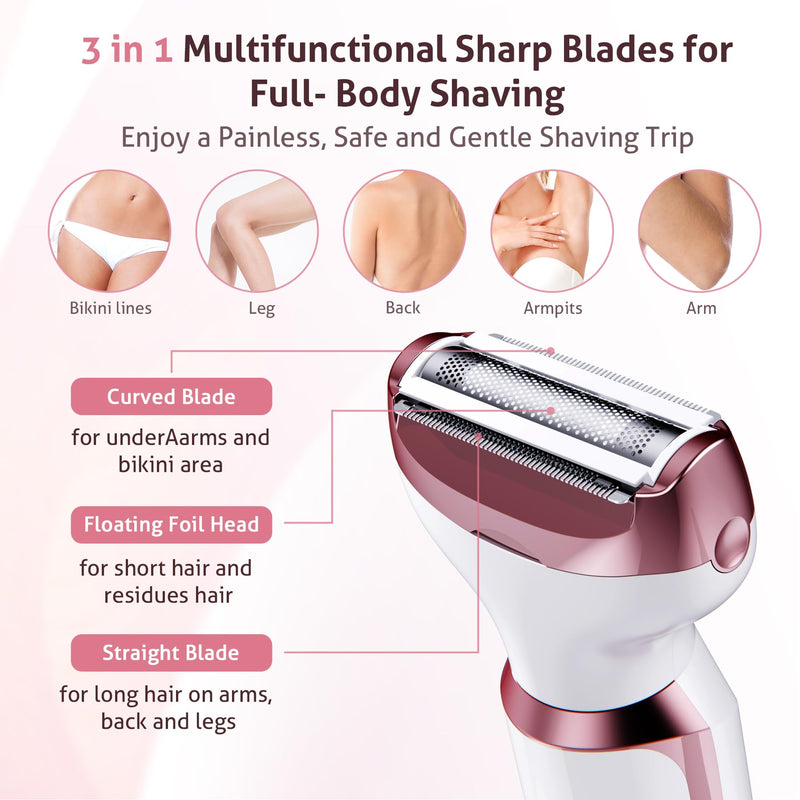 Electric Razors for Women - 4 in 1 Shavers, Pubic Hair, Legs, Arm, Underarm, Bikini, Face Shaver, Rechargeable Hair Removal Epilator, Birthday & Christmas Gifts White