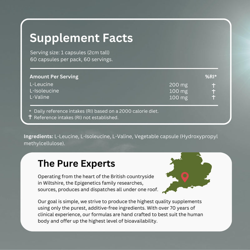 BCAA (Branch Chain Amino Acids) | 200mg L-Leucine + 100mg L-Isoleucine + 100mg L-Valine | 60 Vegan Capsules UK Made | 1 Capsule Daily (2 Month Supply)