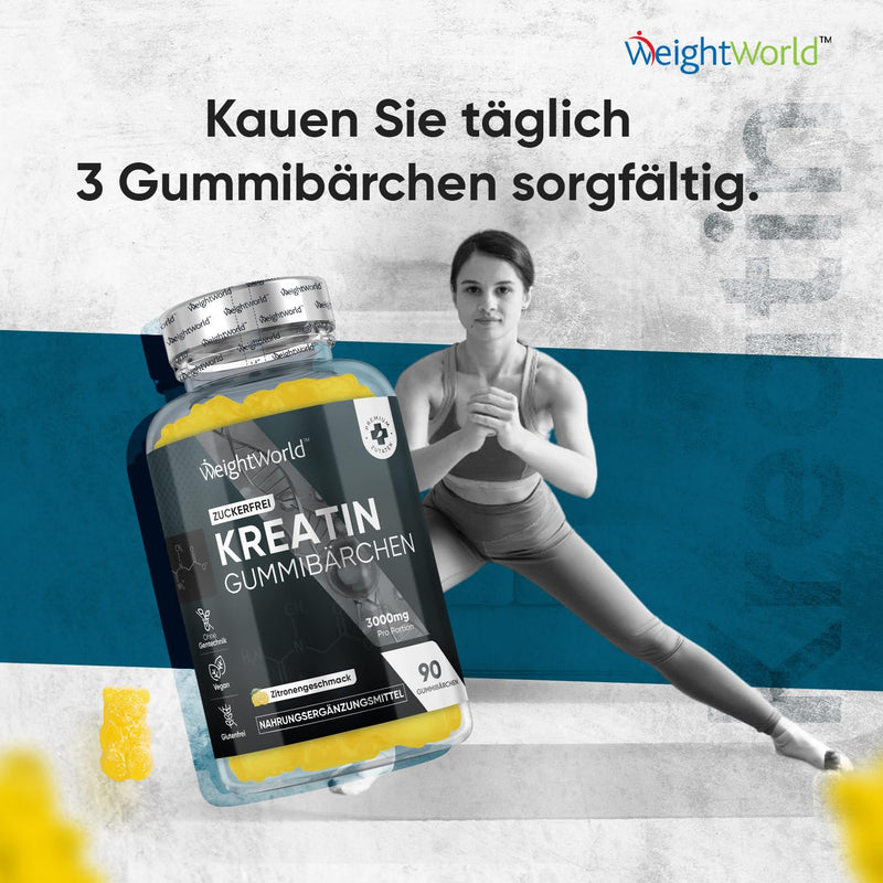[Australia] - Creatine Monohydrate - 3000mg creatine per serving - 90 gummies without sugar - Delicious alternative to capsules, tablets, powder with lemon flavor - Vegan gummies from WeightWorld 