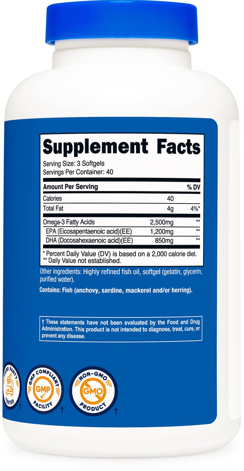 Nutricost Omega 3 Fish Oil (2500MG) 120 Softgels, 40 Servings | Fish Oil, Wild Caught! 1200mg EPA 850mg DHA, GMO-Free, Gluten Free 120 Count (Pack of 1)