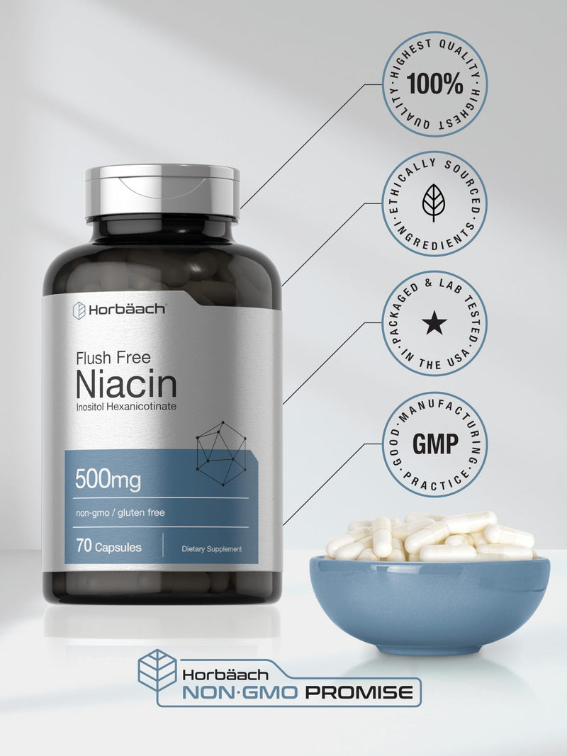 Horbaach Niacin 500mg Flush Free | 70 Capsules | Inositol Hexanicotinate | Vitamin B3 | Non-GMO & Gluten Free