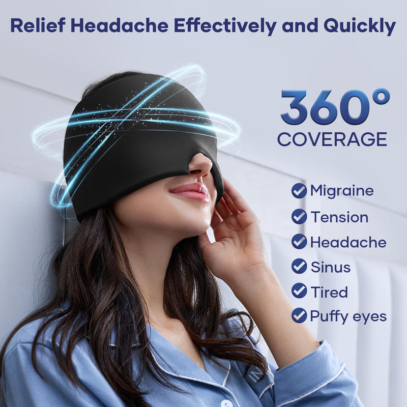 [Australia] - Migraine Relief Cap, Migraine Headache Relief Cap Hat Mask Products, Cooling Gel Hat Head Wrap for Migraine, Tension, Stress & Puffy Eyes,Natural Therapy for Instant Headache Relief Black 