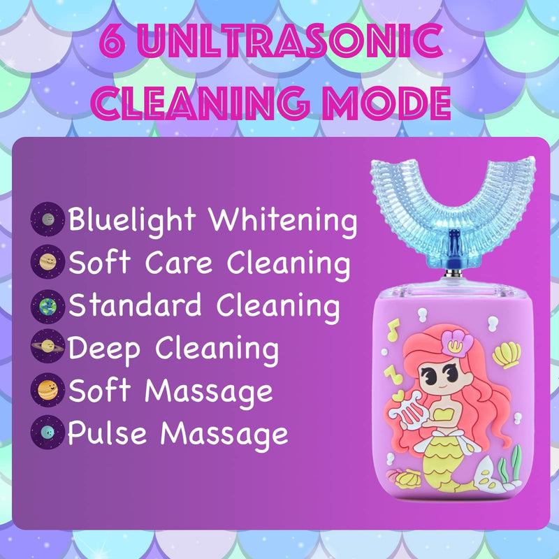 [Australia] - Kids Electric Toothbrush, U Shaped Toothbrush Kids Sonic Automatic Brush with 5 Brush Head 6 Sonic Clean Modes IPX7 Waterproof Mermaid Design Rechargeable Smart Timer for Children 2-7 Mermaid (Ages 2-7) 