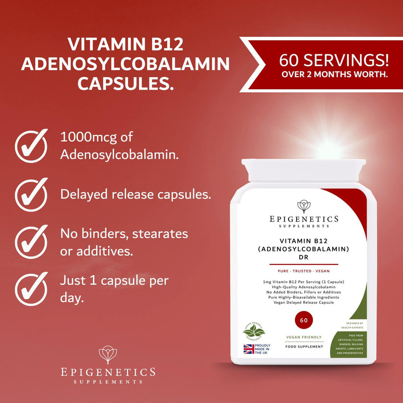 Vitamin B12 Adenosylcobalamin Delayed Release | High Strength 1000mcg Vitamin B12 Supplement | 60 Vegan Friendly Capsules | Made in UK by Epigenetics Supplements
