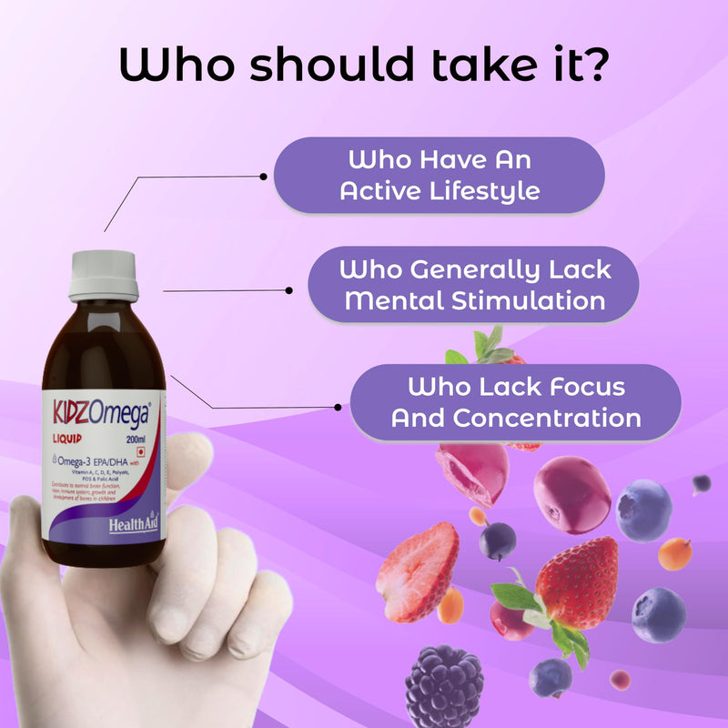 HealthAid KidzOmega Liquid - High Strength Omega 3 Fish Oil for Kids - with Vitamin A, C, D, E & Folic Acid – for Brain Development, Vision & Immunity - Wild Berry Flavour - 200ml
