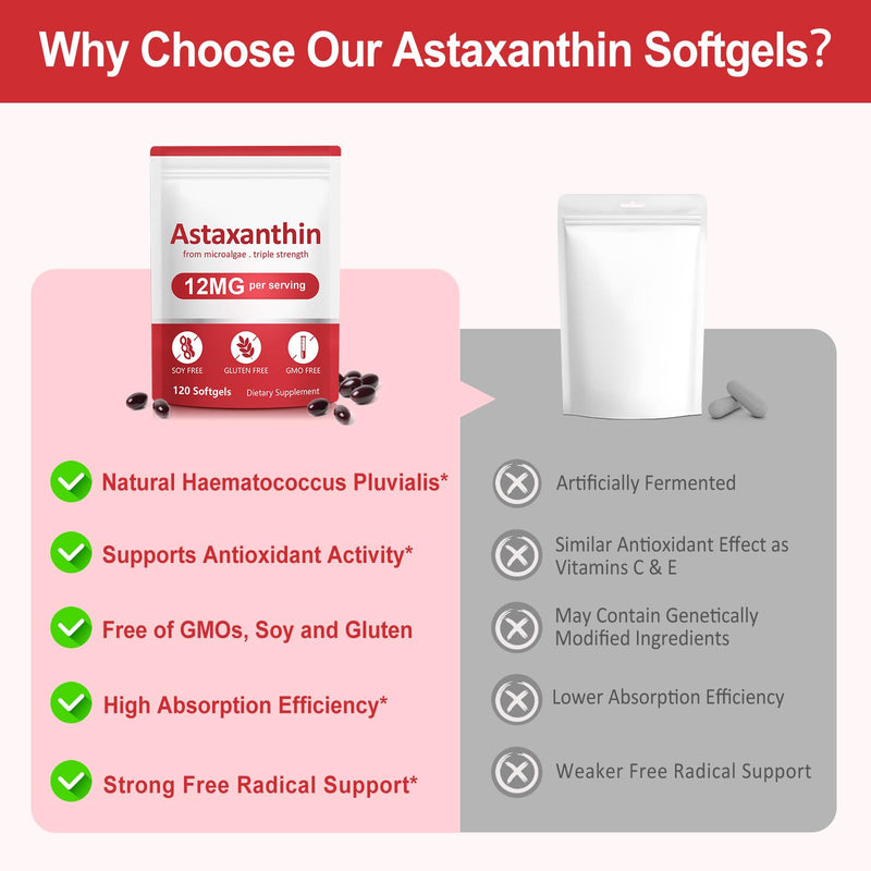 Astaxanthin 12mg, 120 Softgels Premium Astaxanthin Antioxidant Supplements, Support Eye, Joint, Immune & Skin Health, Naturally Sourced from Haematococcus Pluvialis Algae, Non-GMO & No Gluten (1) 1