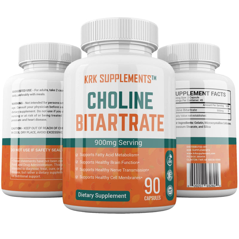 [Australia] - 2 Bottles Choline Bitartrate 900mg Per Serving 180 Total Capsules KRK Supplements 90 Count (Pack of 2) 