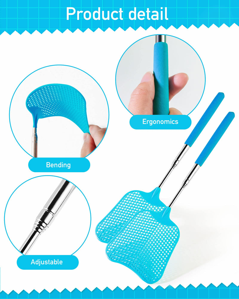 2 Pack Fly Swatters Heavy Duty Set, Fly Swatter, Telescopic Fly Swatters, Stainless Steel Handle for Flyswatter. (Blue)