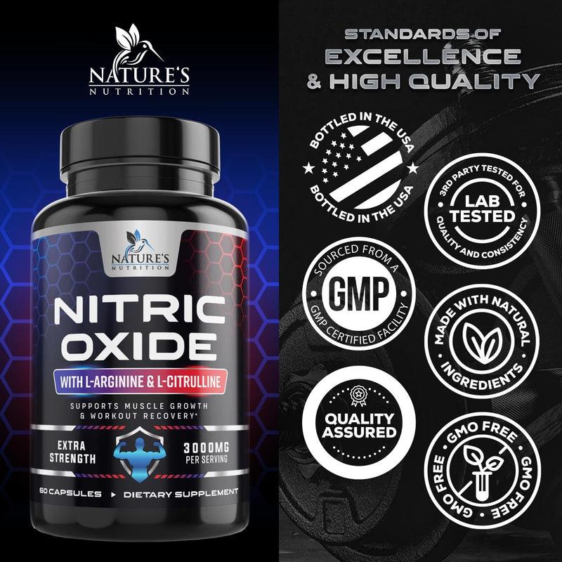 Nitric Oxide Booster Extra Strength - 3X Strength L-Arginine & Citrulline Supplement - Best Nitric Oxide Supplements for Men - Supports Muscle, Heart Health, Energy - Bottled in USA - 60 Capsules 60 Count (Pack of 1)