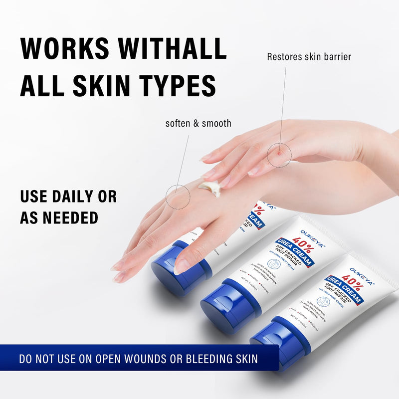 OUKEYA Urea Cream 40 Percent Tube 3 Oz, Urea Foot & Hand Cream for Dry Cracked, 40 per Urea Lotion for Feet Maximum Strength 3 Ounce(Pack of 3) | Moisturizing, Exfoliating, Softening, Feet, Heels, Elbows Knees, Non-Greasy, Fast-Absorbing
