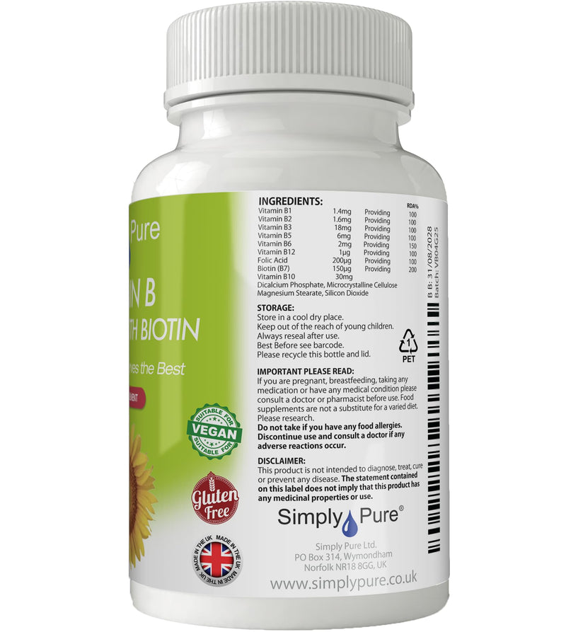 Vitamin B Complex with Biotin for Tiredness, Hair Strength & Growth and Immunity Boost | New Formula | 195mg Tablets x 90 | Gluten Free | GM Free | Vegan
