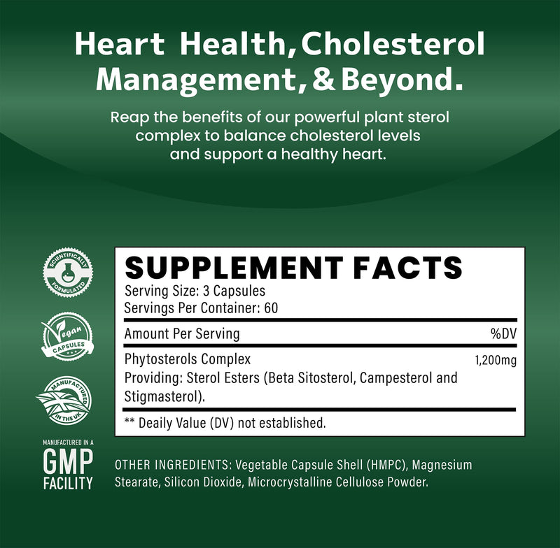 Plant Sterols 1,200mg (Maximum Dose in UK) 180 Capsules, Superior Cholesterol Lowering Supplements (Beta-Sitosterol + Stigmasterol + Campesterol) 3 Form High Strength Complex
