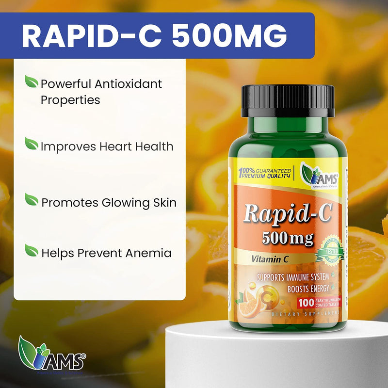 America Medic & Science Rapid-C 500mg Vitamin C Supplement 500 Tablets (5 Pack of 100 Tablets) Daily Immune System Support, Antioxidant | Vegan, Non-GMO Coated Ascorbic Acid for Adult Men & Women 100 Count (Pack of 5)