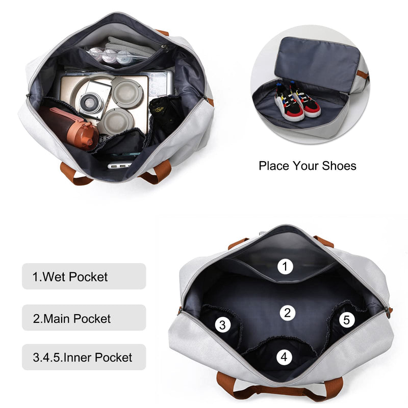 FANDARE Travel Handbag Sports Gym Bag Weekender Carry On Overnight Bags for Women Men Duffle bag Sport Workout Gym Swim Hospital Shoulder Bag with Luggage Sleeve & Shoe Compartment Light Gray