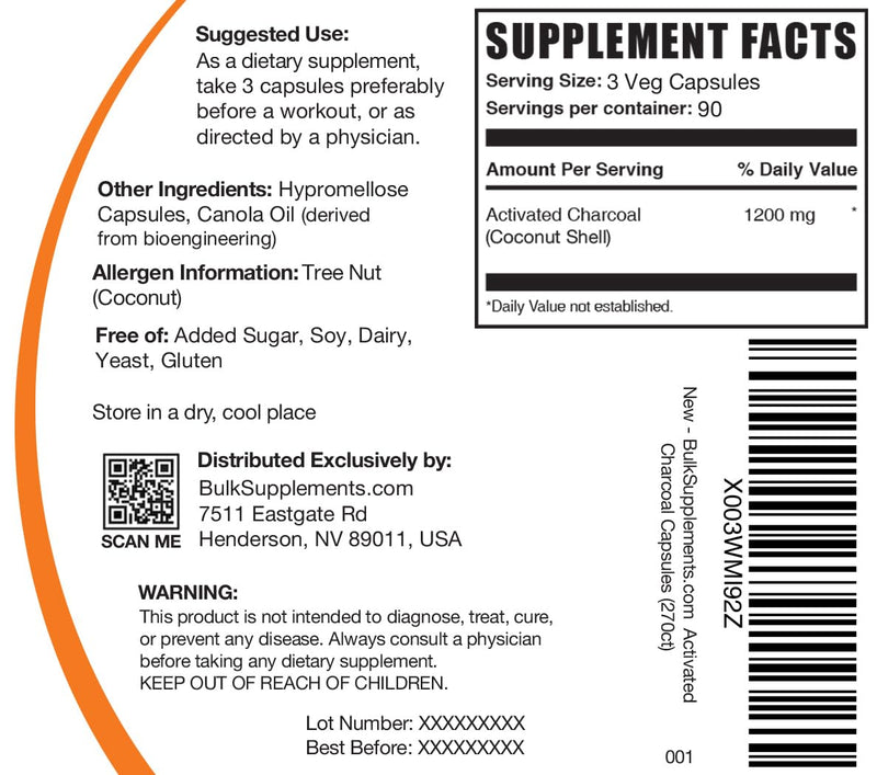 [Australia] - BulkSupplements.com Activated Charcoal Capsules - Coconut Charcoal, Activated Charcoal for Kidney Support, Activated Charcoal Pills - Vegan, 3 Capsules per Serving (1200mg), 270 Veg Capsules 
