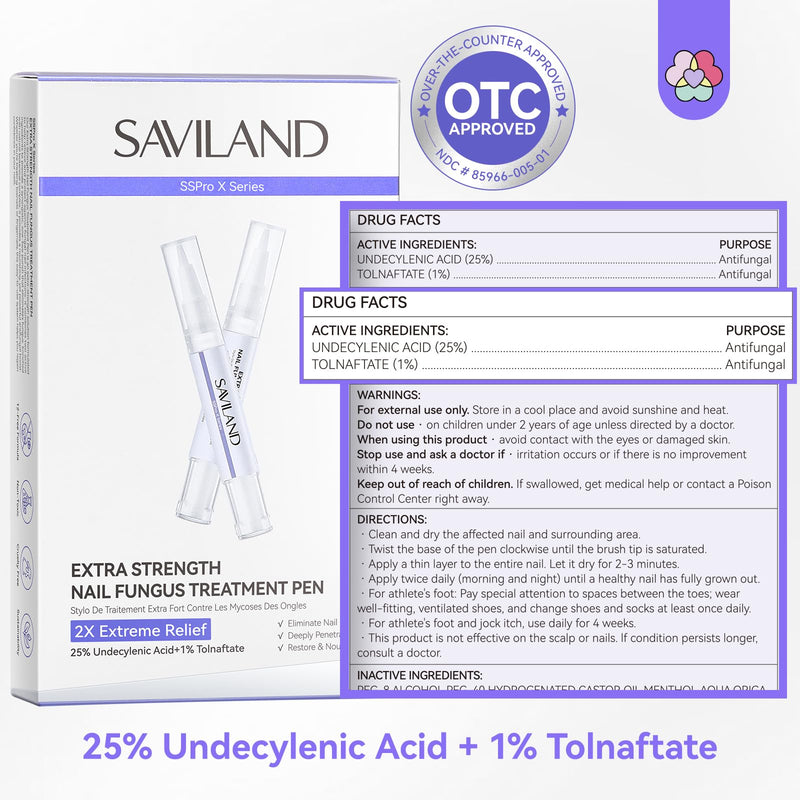 SAVILAND Toenail Fungus Treatment Pen 25% Undecylenic Acid &1% Tolnaftate | FSA-HSA, Precision Pen, Dries Clear No Mess, Vitamin E & Tea Tree Oil, Thick Damaged Nail Repair, For Travel, Work & Daily 1 Count (Pack of 3)