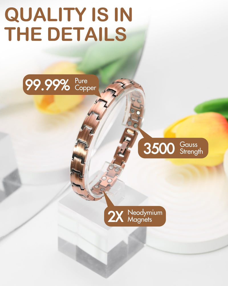 [Australia] - Feraco Copper Bracelets for Women, 2X Ultra Strength Magnetic Bracelet with 3500 Gauss Magnets, Adjustable with Sizing Tool, 99.99% Pure Copper Jewelry 2X Strength Sleek 