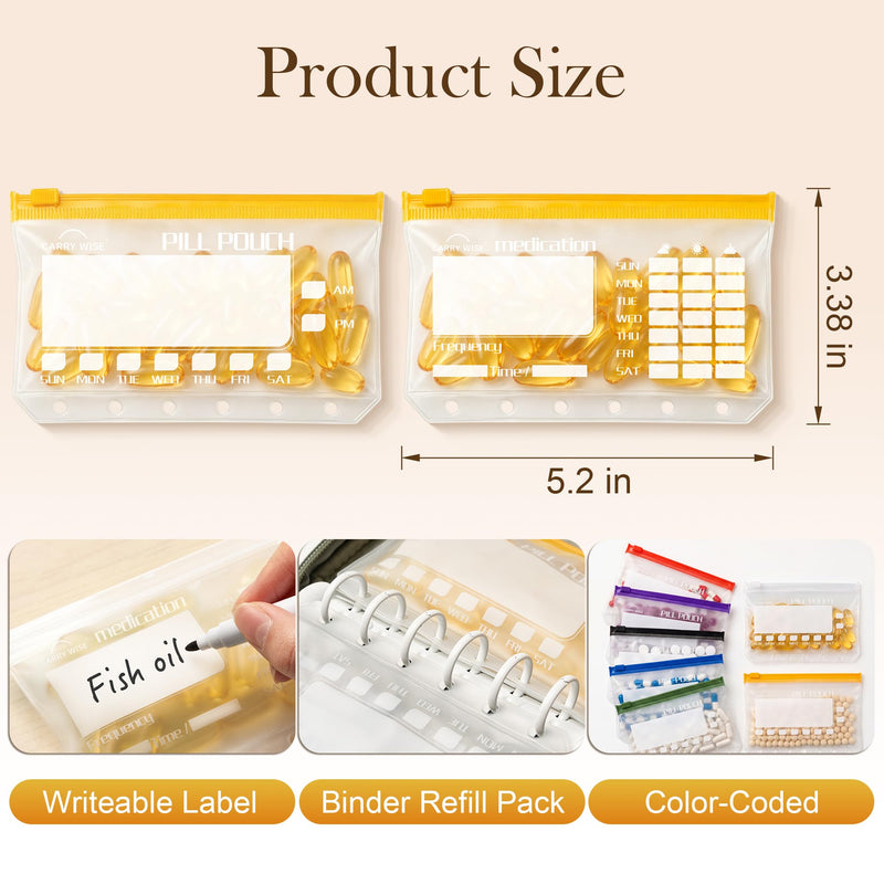 7 Pcs Pill Pouches for Travel, Reusable Pill Bags Set, Large Self Sealing Medicine Bags, Double-Sided Write-On Label, Binder-Ready Hole Design, 3.38 x 5.2 Inch 1