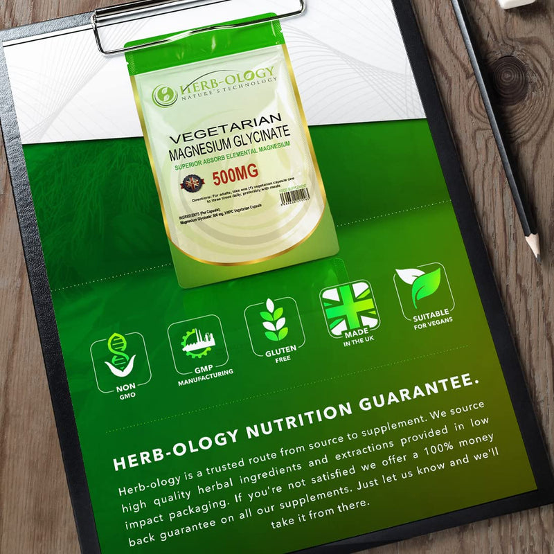 Herb-Ology Magnesium Glycinate Capsules | 120 Vegan Capsules | Magnesium Supplements | 500mg per Capsule | Highly Bioavailable, Dairy Free & Manufactured in The UK 120 count (Pack of 1)