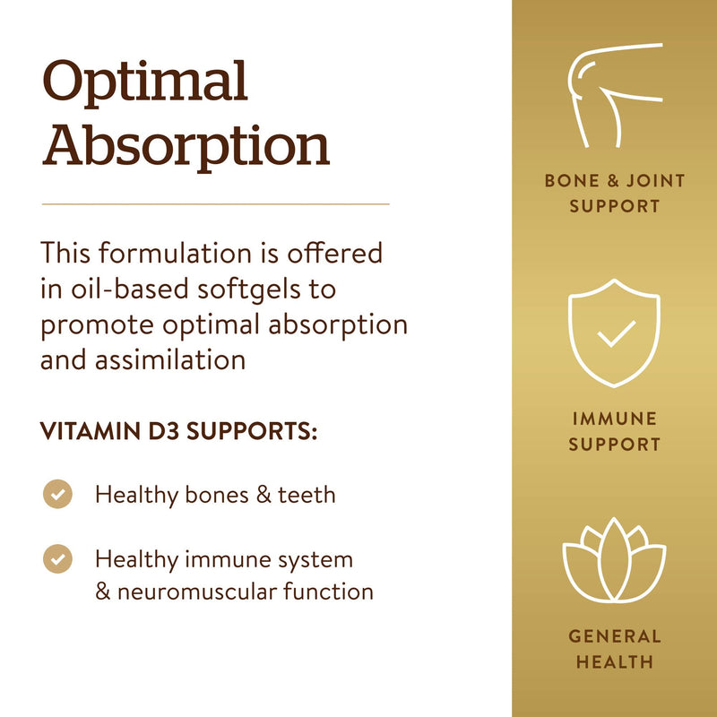 Solgar Vitamin D3 (Cholecalciferol) 125 mcg (5000 IU), 100 Softgels - Helps Maintain Healthy Bones & Teeth - Immune System Support - Non-GMO, Gluten Free, Dairy Free - 100 Servings | Helps Maintain Healthy Bones & Teeth - Immune System Support - Non GM...