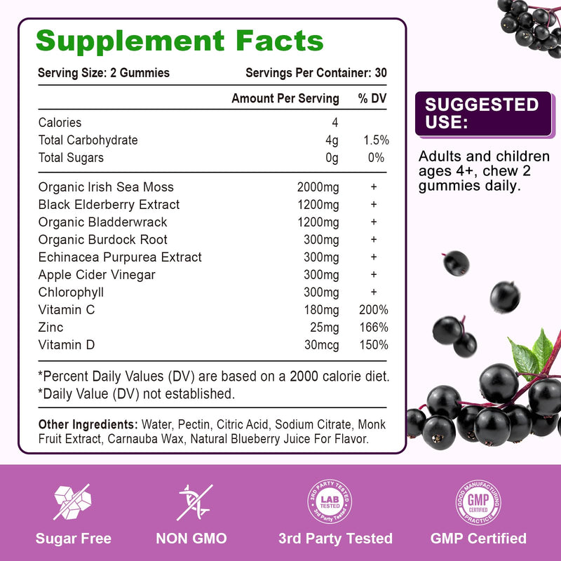 2 Pack Elderberry Gummies with Sea Moss, Extra Strength Elderberry with Vitamin C, Zinc for Immune Support for Adults, Kids, Women & Men, Blueberry Flavor 120Cts 60 Count (Pack of 2)