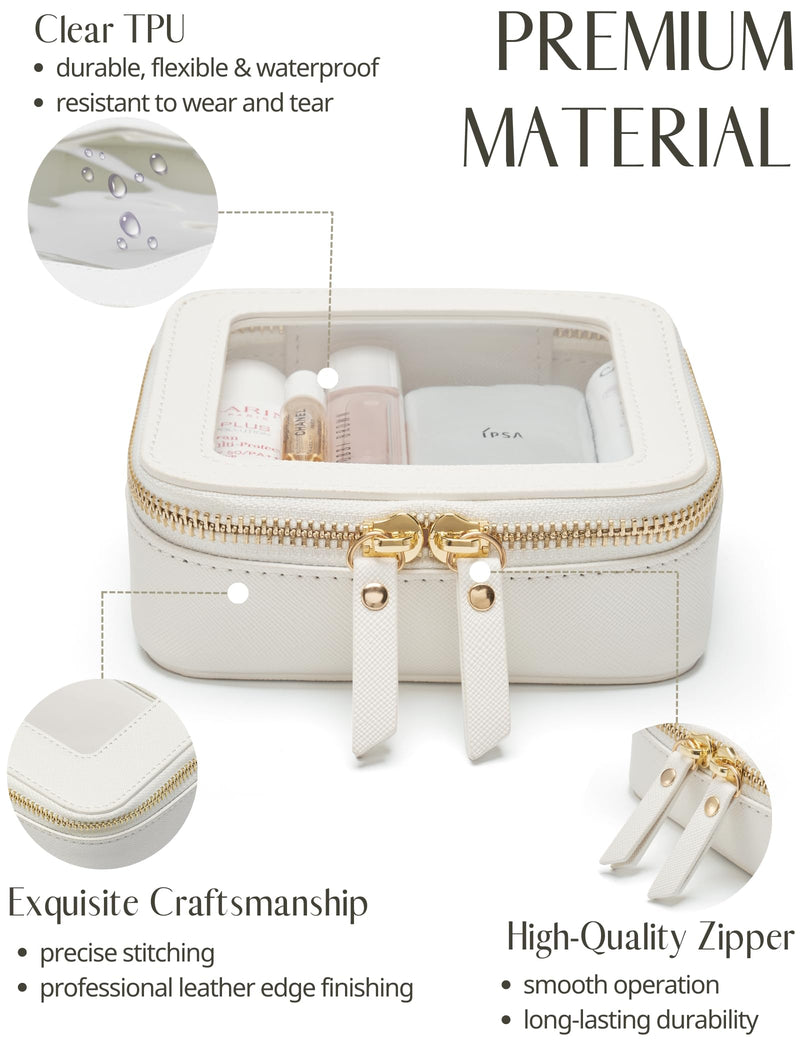 Cosmetic Bag for Purse Mini Clear Makeup Bag Toiletry Case Travel Transparent Cosmetic Bag with Zipper, Portable Make Up Organizer Traveling Compact Car Bag for Essentials, White & Brown