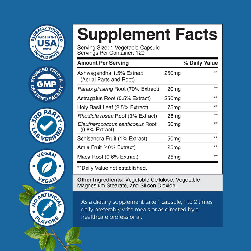 Adaptogens Supplements Blend Capsules w Ashwagandha & Rhodiola - 120 ct | Calming adaptogen support for stress, mood, energy & cortisol management; vegan, non-GMO 120 Count (Pack of 1)