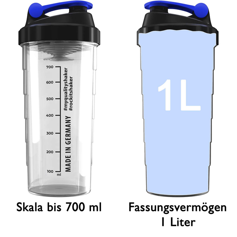 [Australia] - ROCKITZ 1000ml protein shaker & drinking bottle - guaranteed leak-proof - BPA free - patented mixing system - leisure and fitness protein shake bottle transparent | Blue 
