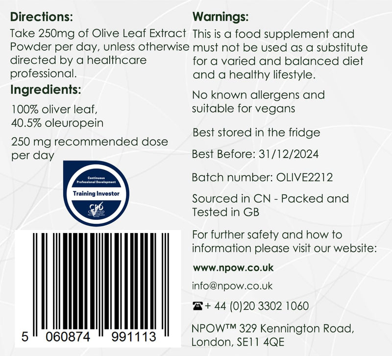 Oleuropein an Antioxidant Polyphenol from Olive Leaves Oil - 40.5% Olives Leaf Extract, Natural Olive Leaf Powder - Vegan & Non-GMO - 50g