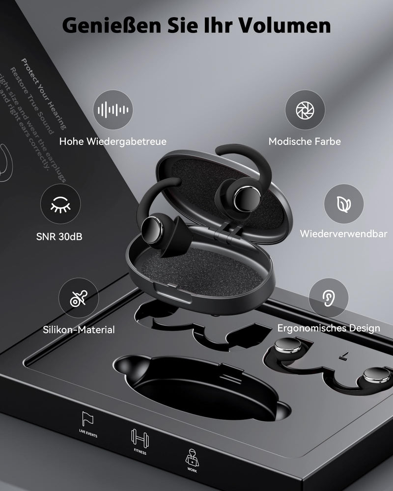 [Australia] - LIMEHO Concert Earplugs, 30dB Hi-Fi, Silicone Earplugs for Sleeping, Festivals, Motorcycling, Travel and Concentration (Black) Black 