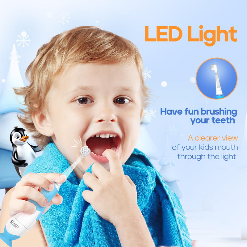 [Australia] - SEAGO Toddler Electric Toothbrushes for Baby Ages 0-3 Years, Baby Toothbrush with Smart Timer and Suction Base, 4 Replacement Brushheads (Blue-C) Blue-c 