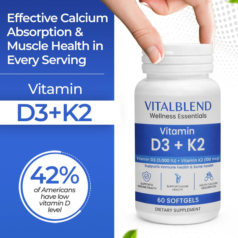Vitamin D3 K2 Softgels, 5000 IU D3 with K2 MK-7, Bone & Heart Support Supplement – High Absorption Oil-Based Formula, Non-GMO, Sunflower Oil Softgels – 60 Count – 60 Day Supply