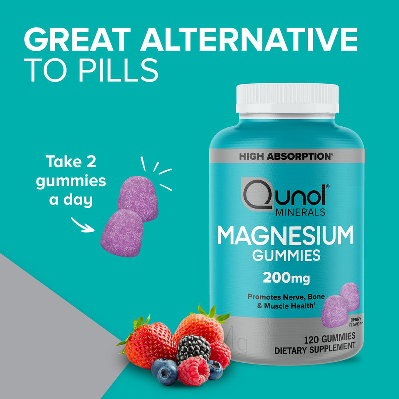 [Australia] - Qunol Magnesium Gummies for Adults, 200mg Magnesium Citrate Gummies, High Absorption Magnesium Supplement, Supports Nerve Health, Bone Health, Muscle Health, Vegetarian, 120 Count Berry 120 Count (Pack of 1) 