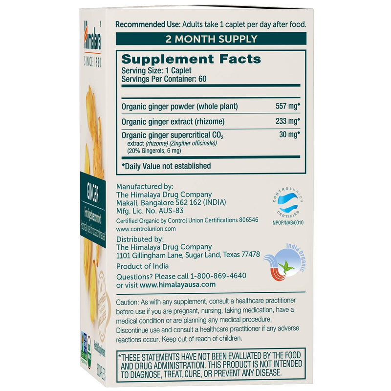 [Australia] - Himalaya Organic Ginger, 60 Day Supply - Digestive Health Supplement for Nausea, Upset Stomach Relief, and Occasional Bloating and Heartburn - USDA Organic, Vegan, Non-GMO, Gluten Free, 60 Caplets 